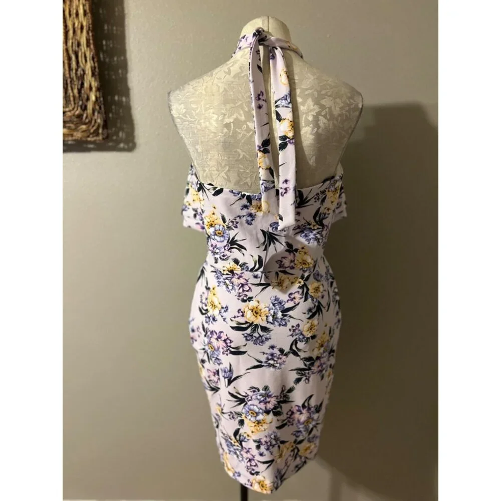 BEBE Dress 10 Lavender Stretch Floral Halter Tie Ruffle Summer Fairy NWT $129